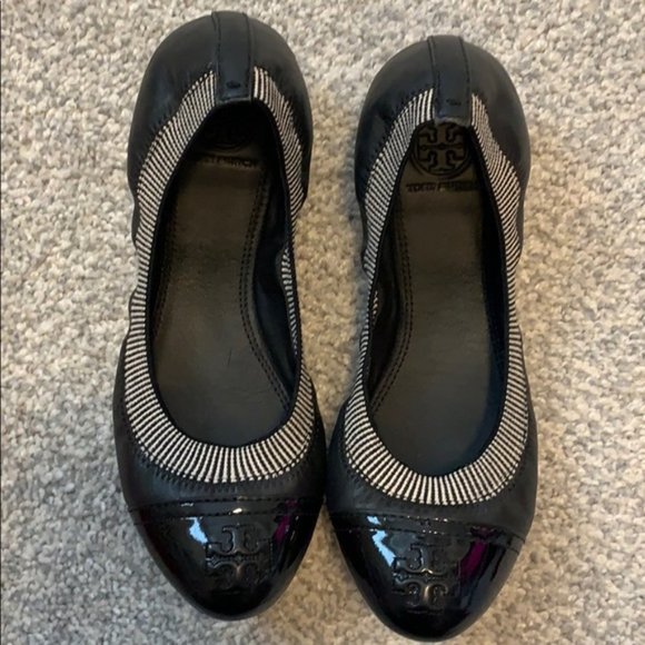 TORY BURCH LIKE NEW BLACK LEATHER GABBY BALLET FLAT ELASTIC FITTED COMFY Size 7 - Picture 14 of 16